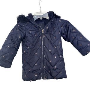 Nautica Toddler Girls Puffer Jacket Navy Blue Gold Anchor Print Hood Faux Fur 3T